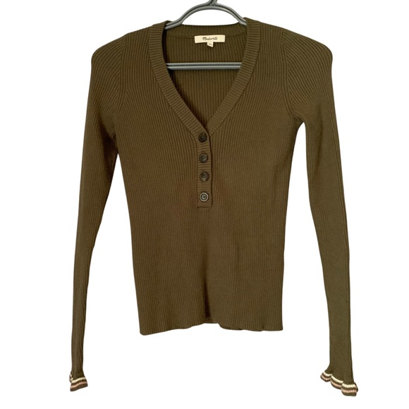 Madewell Olive Green Ribbed Henley Sweater Long Sleeve Button Front Knit Top - Picture 2 of 7